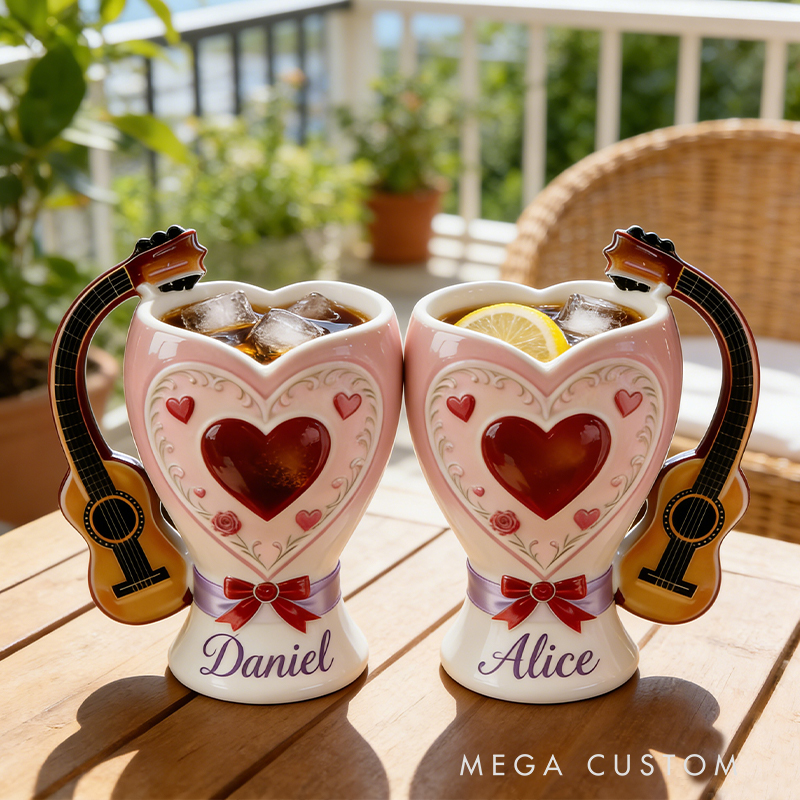 Personalized Valentine Guitar Handle Heart Mugs Set – Custom Name Couple Coffee Mugs