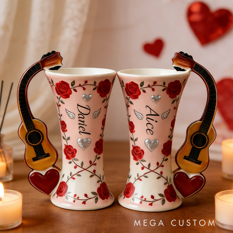 Personalized Rose & Guitar Handle Couple Vases – Custom Name Valentine’s Day Ceramic Vase Set