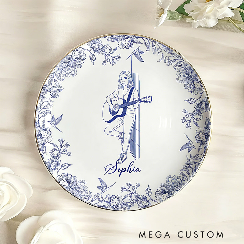 Personalized Guitar Girl Jewelry Dish Custom Photo and Name Music Gift for Girls Guitar Teacher Recital Gifts Guitarist Trinket Tray Band Ring Holder