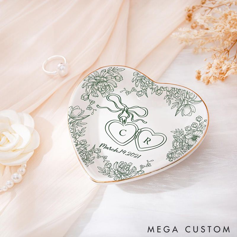 Personalized Heart Flower Ceramic Trinket Jewelry Dish with Initial and Date Toile De Jouy Ring Dish Valentine's Gift for Wife Anniversary Gift for Girlfriend