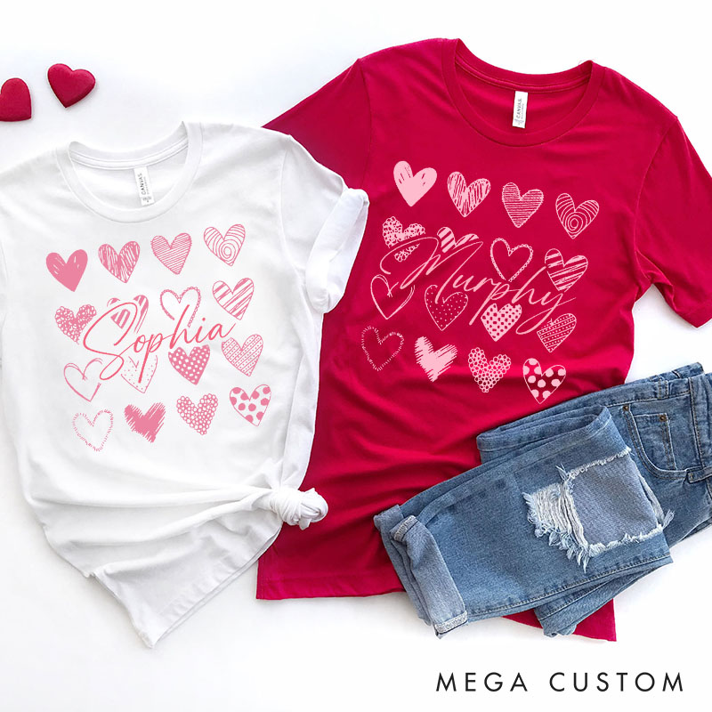 Personalized Couple Sweet Pink Hearts Matching T-Shirt with Name Valentine's Day T-Shirt for Husband Wife Boyfriend Girlfriend Gift for Hubby Wifey