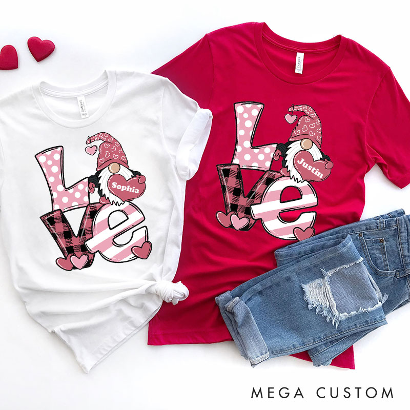 Personalized Couple Pink Love Gnome Holding Heart Matching T-Shirt Valentine's Day T-Shirt for Husband Wife Boyfriend Girlfriend Gift for Hubby Wifey