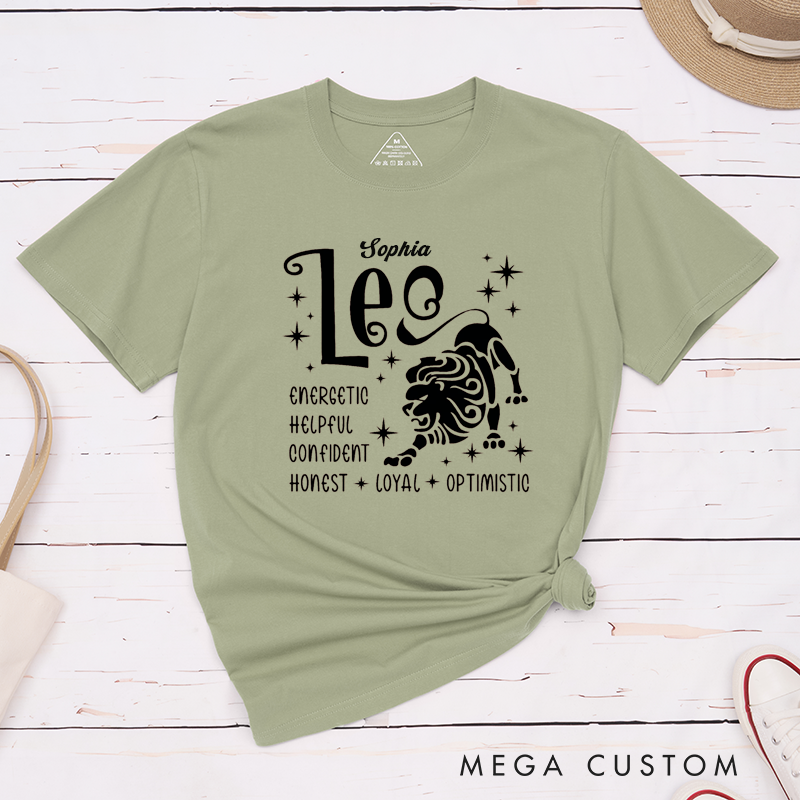 Personalized Leo Zodiac Classic T-Shirts Custom Name Energetic Confident Honest Loyal Optimistic Gift for Men and Women Birthday Astrology Lovers