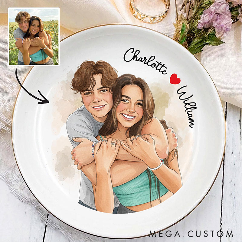 Personalized Heart Flower Ceramic Trinket Jewelry Dish with Initial and Date Toile De Jouy Ring Dish Valentine's Gift for Wife Anniversary Gift for Girlfriend