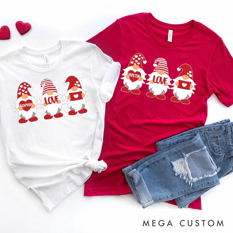 Personalized Couple Adorable Gnome with Heart and Name Matching T-Shirt Valentine's Day T-Shirt for Husband Wife Boyfriend Girlfriend Gift