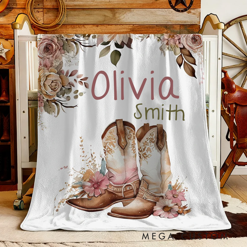 Personalized Floral Cowgirl Boots Western Soft Throw Blanket with Name Home Decor Western Nursery Birthday Gift for Cowgirls Friends Riding Lovers Equestrian Lovers