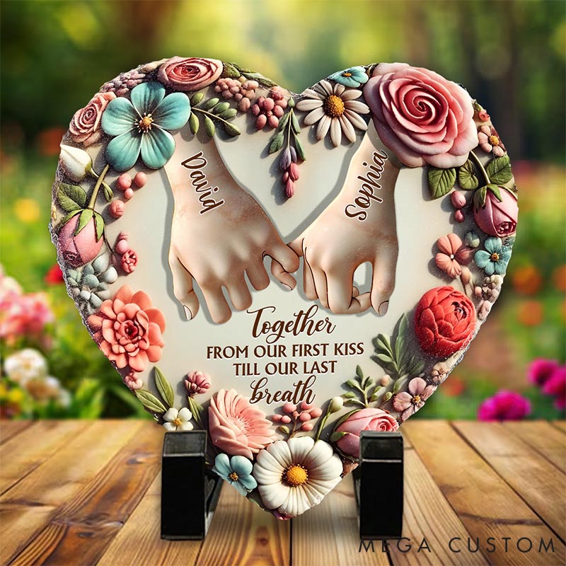 Personalized Couple From Our First Kiss Till Our Last Breath Heart Shaped Stone with Stand Floral Pinky Promise 3D Effect Stone Valentines Day Gift