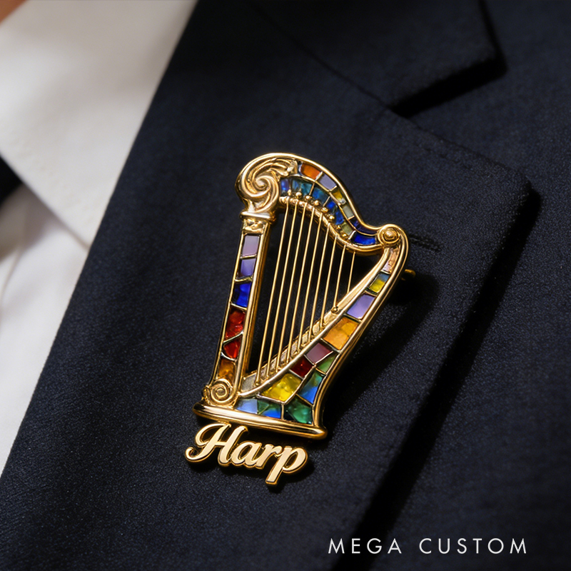 Personalized Harp-Inspired Custom Enamel Brooch Crafted From the Instrument of Your Choice