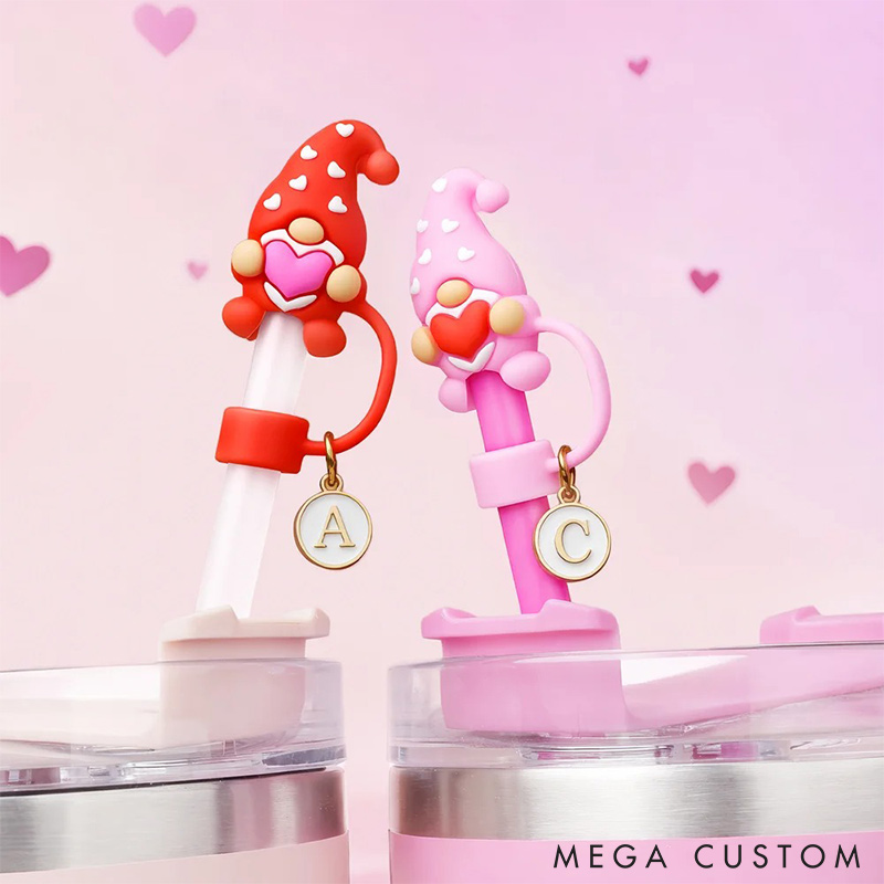 Personalized Gnome Heart Reusable Straw Topper with Initial Charm Accessory for Tumbler Valentine's Day Gift for Couple Unique Gift for Him Her
