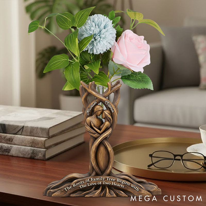 Personalized Couple The Roots of Family Tree Begins with The Love of Two Hearts Acrylic Flower Vase Imitation Wood 3D Effect Vase Valentines Day Gift