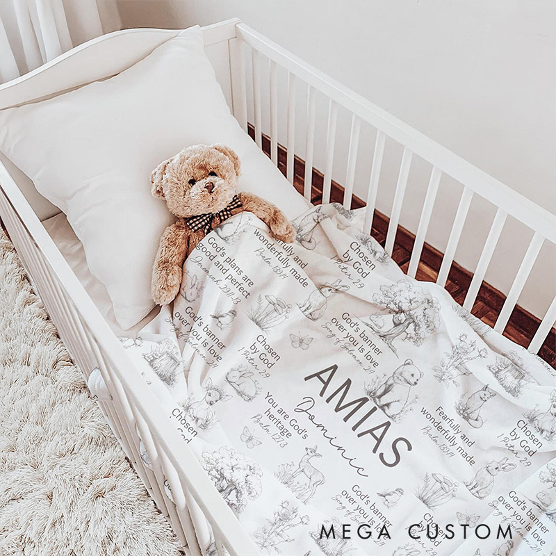 Personalized Woodland Animals Bible Verse Soft Throw Blanket with Custom Name Baby Shower Nursery Prayer Baby Gift Religious Gift for Kids