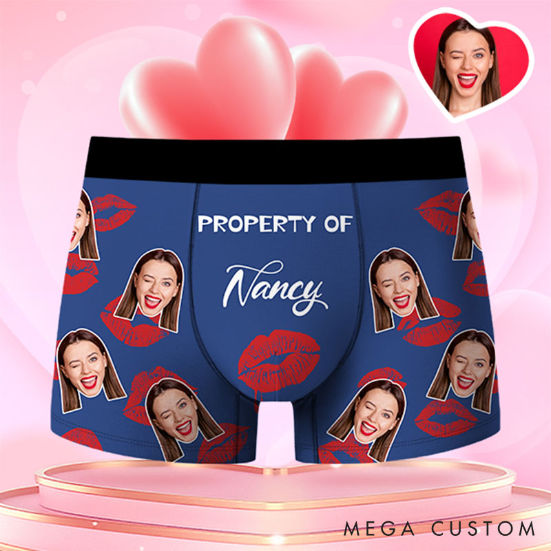 Personalized Girlfriend Wife Face Boxer Brief Red Lips Print Property of Her Men Underwear with Photo Valentines Day Gift for Boyfriend Husband