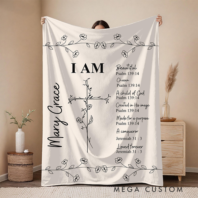 Personalized Bible Verse Throw Blanket with Custom Name Floral Cross Blanket Faith Home Decor Religious Gift Christian Gift for her 