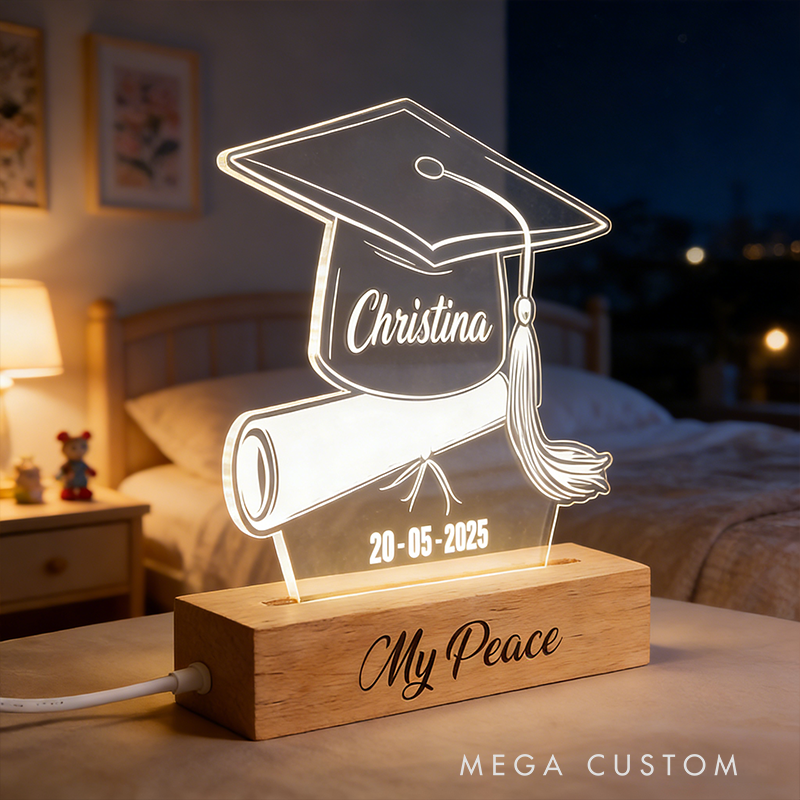 Personalized Graduation Gifts Custom Name and Year Acrylic Night Light Beech Wood LED Lamp for Students Graduation Decor