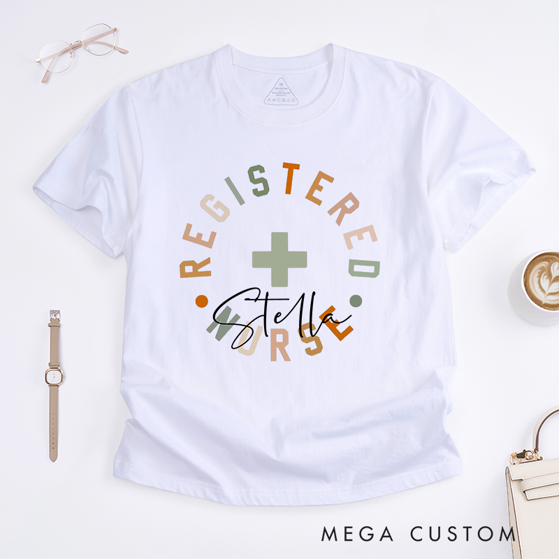 Personalized Registered Nurse T-Shirt with Bold Circular Customizable Name Design Gift for Nurse