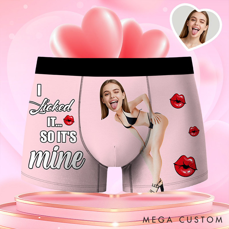 Personalized Girlfriend Wife Face Boxer Brief I Licked It So It's Mine Men Underwear with Woman Face Portrait Valentines Day Gift for Boyfriend Husband