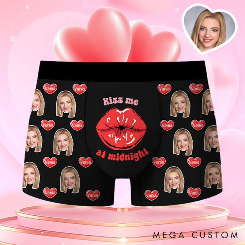 Personalized Girlfriend Wife Face Boxer Brief Kiss Me at Midnight Men Underwear with Woman Face Portrait Valentines Day Gift for Boyfriend Husband