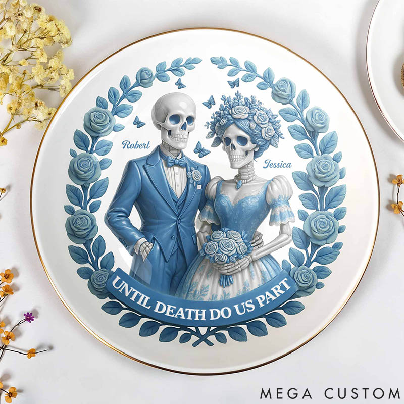 Personalized Skeleton Couple Until Death Do Us Part Round Shaped Ring Dish Skeleton Bride and Groom Ceramic Ring Dish Valentines Day Gift for Newlyweds