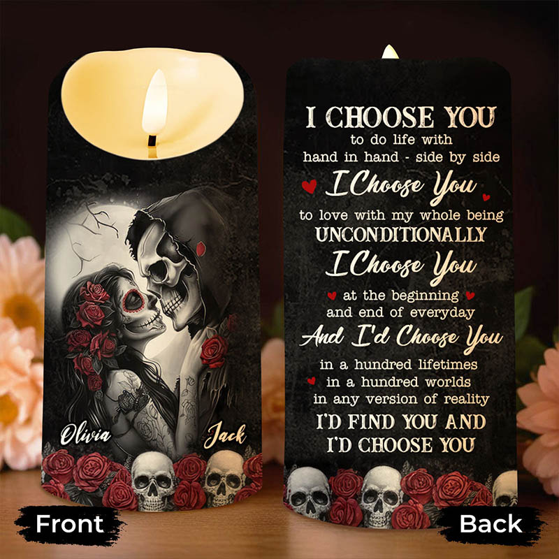 Personalized Skeleton Couple I Choose You LED Candle Custom Skeleton Bride and Groom with Rose Candle Light Valentines Day Gift for Newlyweds