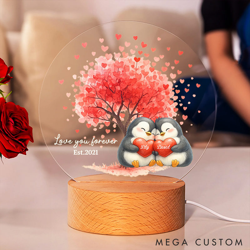 Personalized Penguin Design Couple Night Light Custom Names Year Lamp Valentine's Day Gift for Couple Anniversary Gift for Him Her