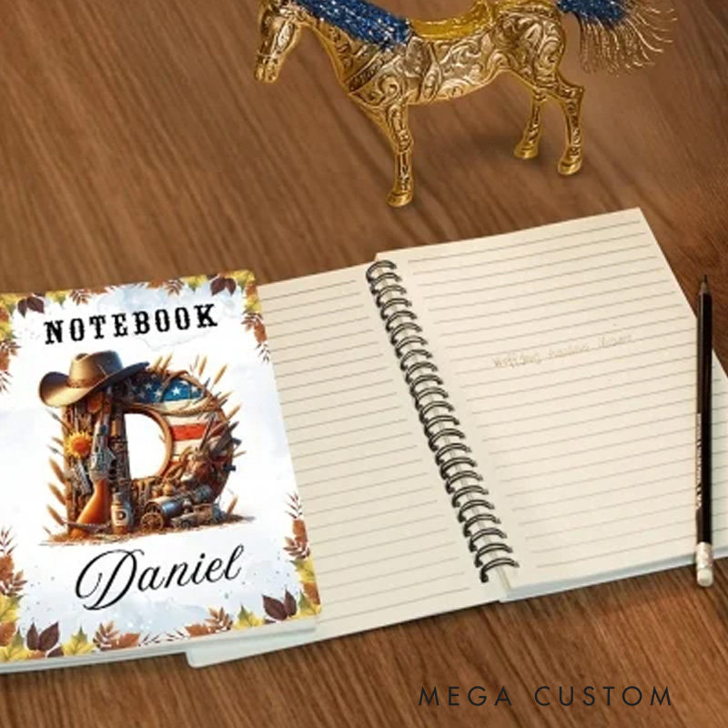 Personalized Initial Name Western Style Spiral Notebook Softcover Lined Notebook Country Rustic Journal Gift for Cowboys Riding Lovers Equestrian Lovers