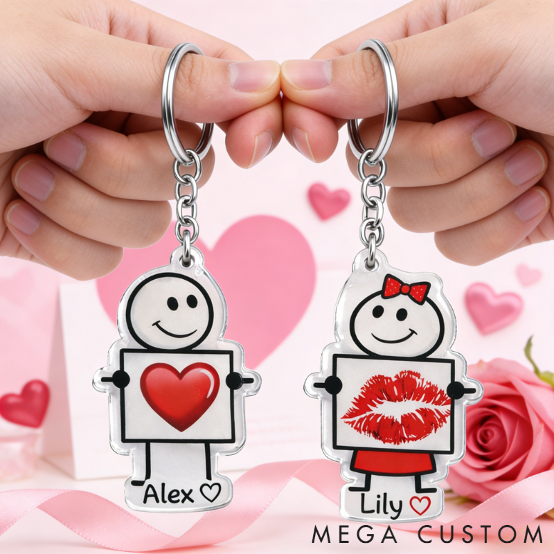 Personalized Minimalist Stick Figures Couple Keychain Custom Names Expressing Love Symbolic Holiday Gift for Couples