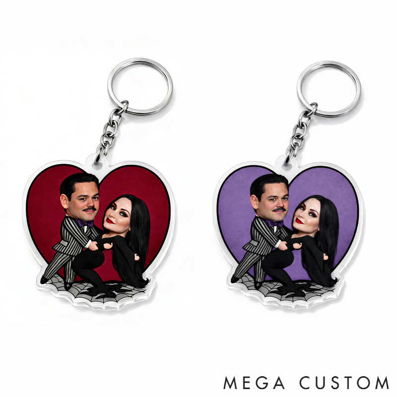 Personalized Gothic Cartoon Hearts Background Keychain Custom Photo Playfully Dark Holiday Gift