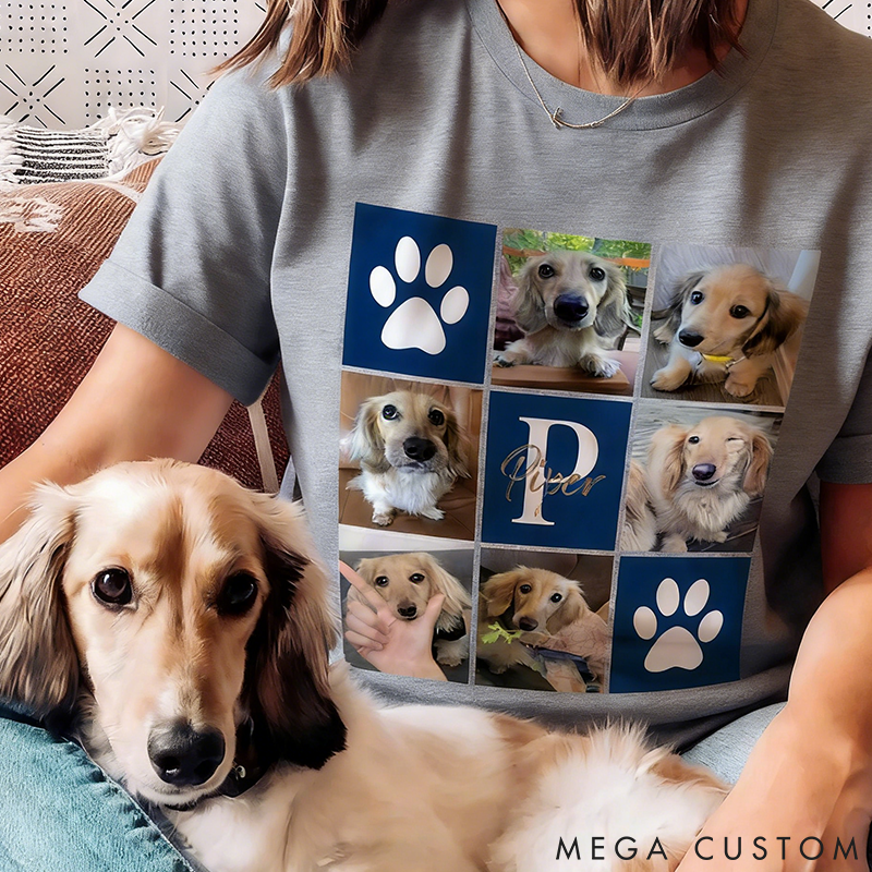 Personalized Pet Lover Paw Print Pet Photos with Names and Initials Birthday Gift for Pet Lovers Owners T-Shirt