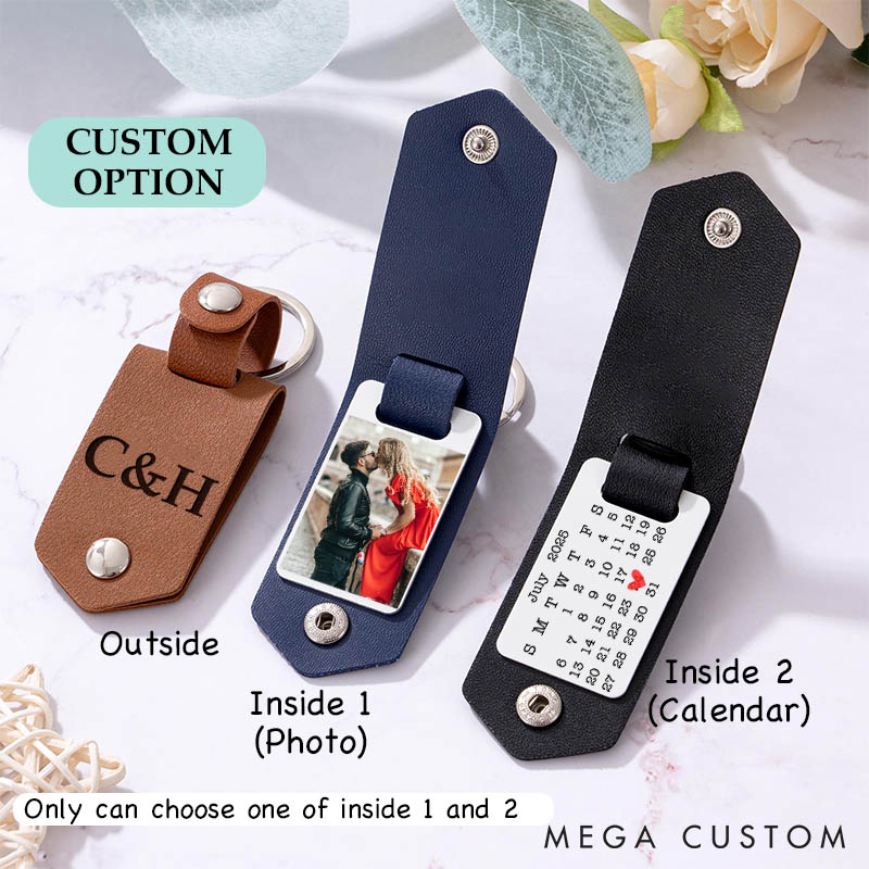 Personalized Photo and Calendar Leather Keychain Couple Leather Keychain with Photo Custom Anniversary Valentine's Gift for Man Woman