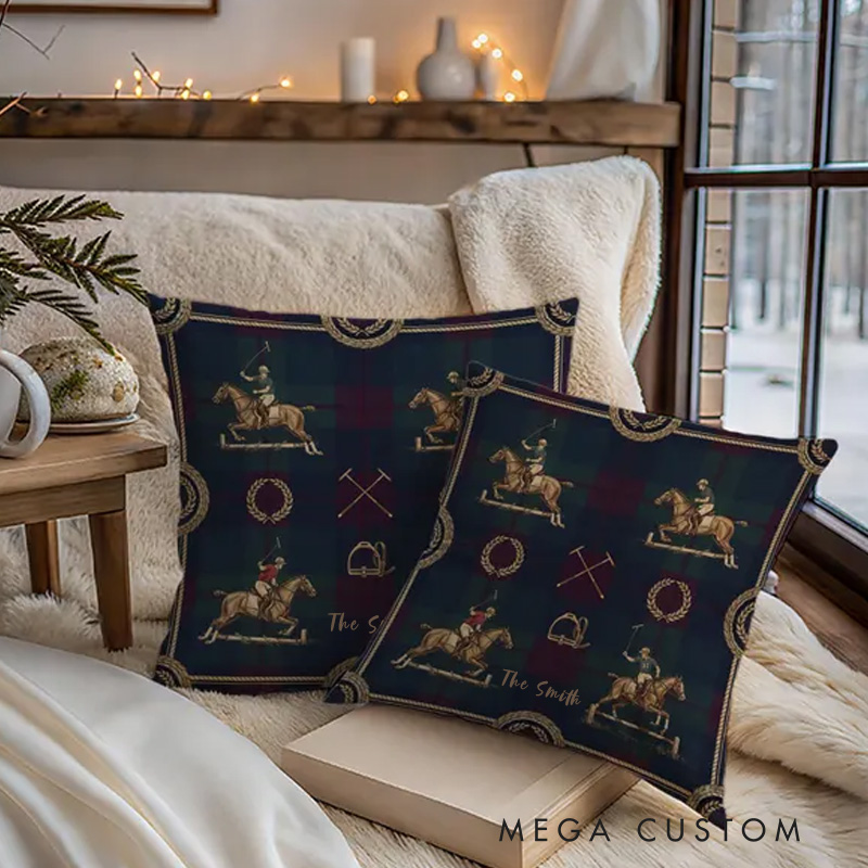Personalized Equestrian Throw Pillow Polo Horse Pillow Case Tartan Design Pillow Jumping Horse Decor Sport Decor Pillow Covers Polo Gifts for Riding Lovers Equestrian Lovers