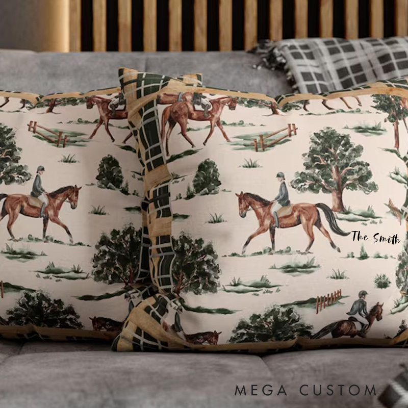 Personalized Equestrian Throw Pillow Equestrian Pillow Cover Plaid Horse Accent Pillow Farmhouse Decor for Riding Lovers Equestrian Lovers