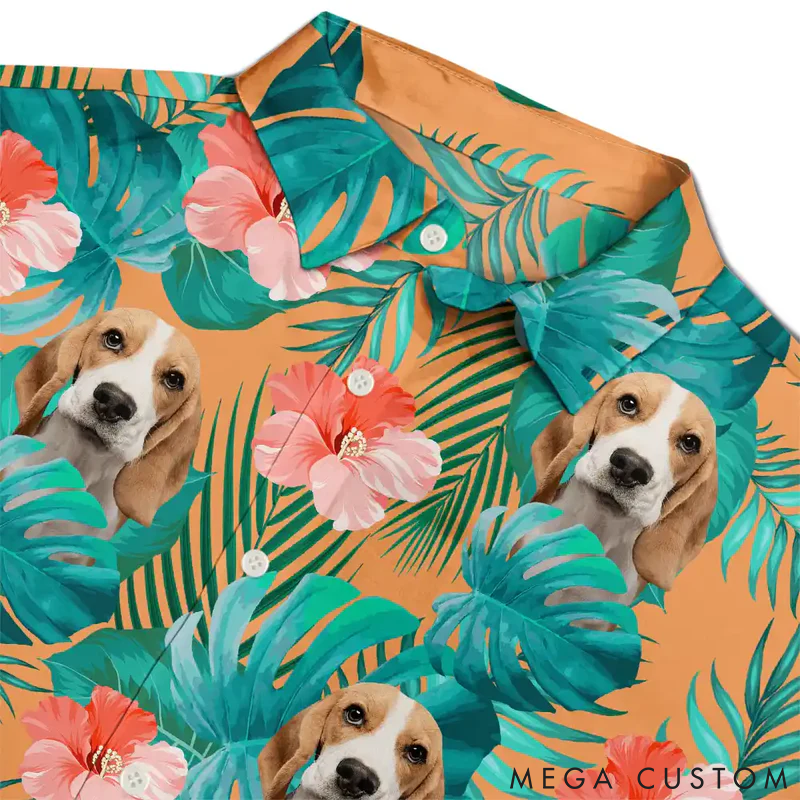 Personalized Pet Lover Custom Photo Tropical Leaves Funny Family Pet Face  Hawaiian Shirt