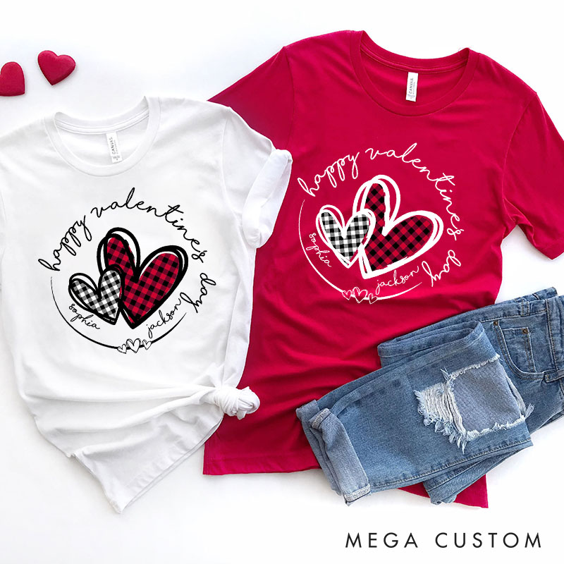 Personalized Couple Plaid Heart with Name Matching T-Shirt Happy Valentine's Day T-Shirt for Husband Wife Boyfriend Girlfriend Gift for Hubby Wifey