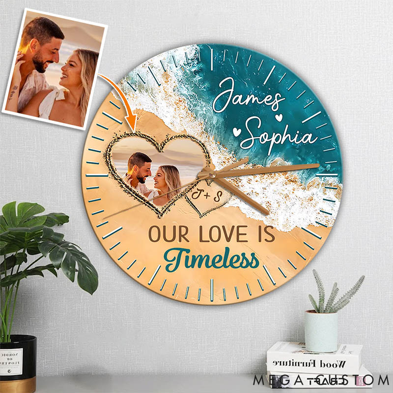 Personalized Couple Photo Our Love is Timeless Wall Clock Custom Beach-inspired Wall Clock with Couple Photo Anniversary Gift Valentine's Day Gift