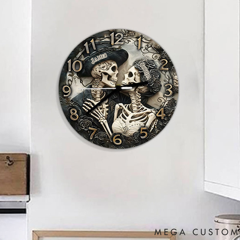 Personalized Skeleton Couple Till Death Do Us Part Wall Clock Custom Retro Gothic Graphic 3D Printed Wall Clock Anniversary Gift Valentine's Day Gift