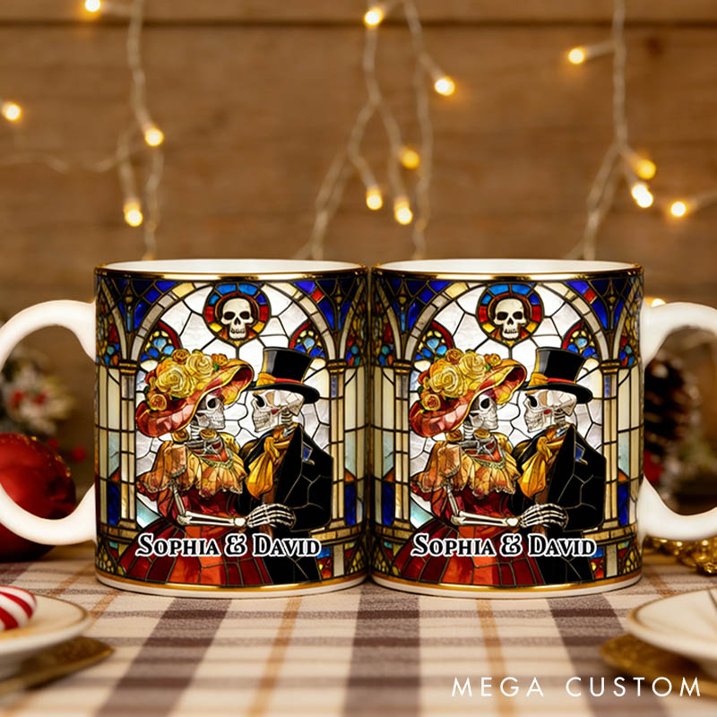 Personalized Gothic Couple Mug Till Death Do Us Part 3D Effect Graphic Mug Couple Skeleton Church Wedding Coffee Cup Anniversary Valentine