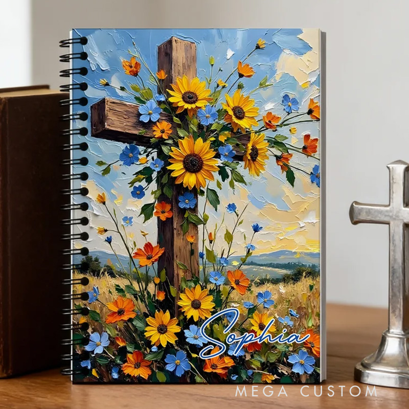 Personalized Flower Cross A5 Spiral Notebook with Name Back to School Birthday Gift Religious Gift for Christian Student