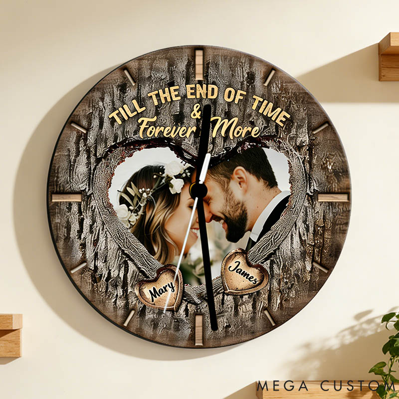 Personalized Couple Photo Till The End Of Time and Forever More Wall Clock Custom Imitation Wood 3D Effect Pattern Wall Clock Valentine's Day Gift