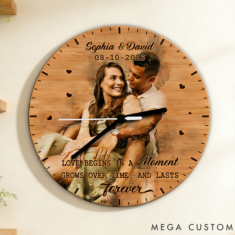 Personalized Couple Photo Love begins in a moment Wall Clock Custom Wall Clock with Couple Portrait Anniversary Gift Valentine's Day Gift for Him Her