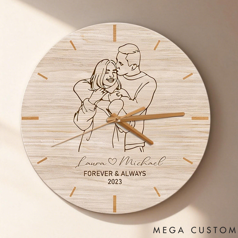 Personalized Couple Photo Forever and Always Wall Clock Custom Wall Clock with Couple Photo Line Portrait Anniversary Valentine's Day Gift for Him Her