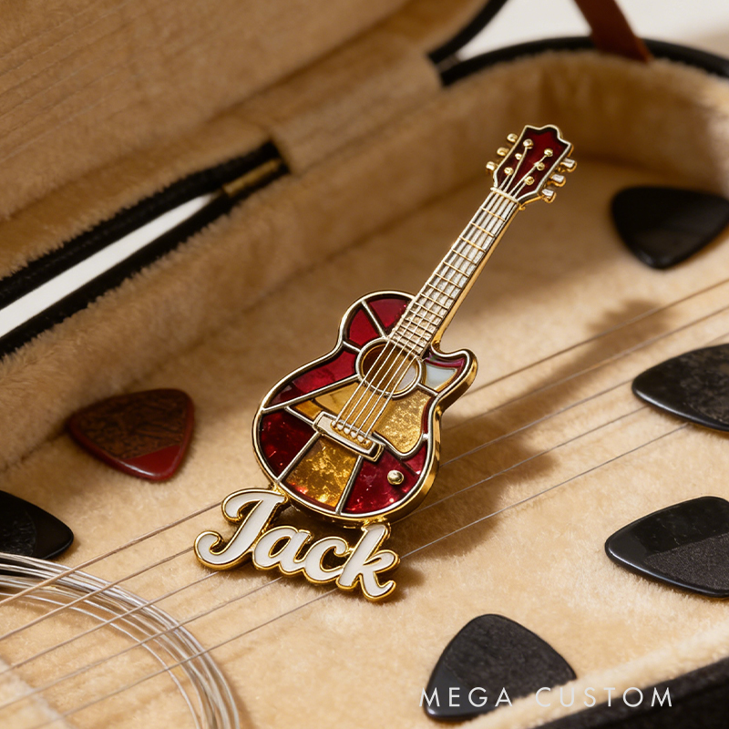 Personalized Custom Stained Glass Acoustic Guitar Enamel Pin – Personalized Name Lapel Pin for Music Lovers