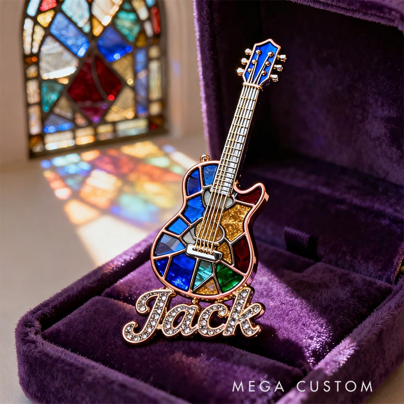 Personalized Custom Stained Glass Electric Guitar Enamel Pin – Personalized Name Lapel Pin for Music Enthusiasts