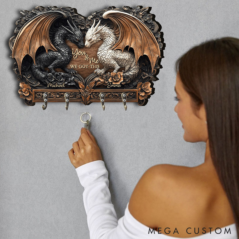 Personalized Dragon Couple You and Me We Got This Wooden Key Holder Custom Graphic 3D Printed Effect Key Hanger Anniversary Valentines Day Gift