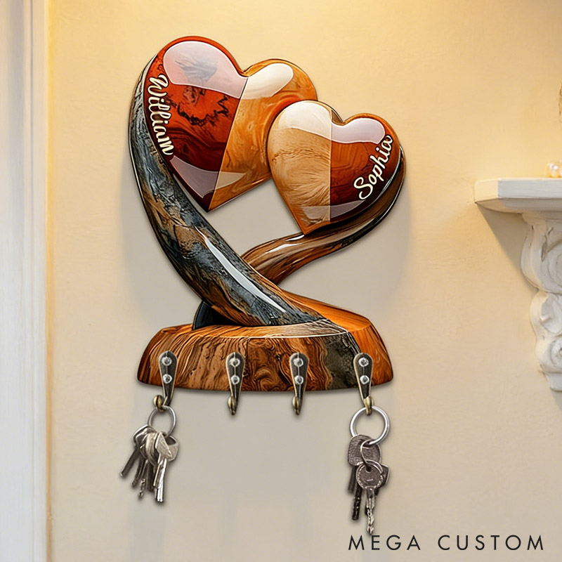Personalized Couple Two Intertwined Hearts Wooden Key Holder Custom Shaped Graphic 3D Printed Effect Key Hanger Anniversary Valentines Day Gift
