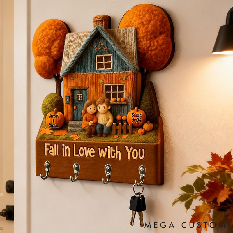 Personalized Old and Young Couple Fall in Love with You Wooden Key Holder Custom Shaped Graphic 3D Printed Key Hanger Anniversary Valentine's Day Gift