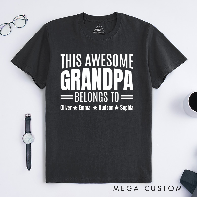 Personalized Grandpa T-Shirt Custom This Awesome Grandpa Belongs To Gift for Grandfather Father's Day Birthday Comfortable Cotton Shirt for Men