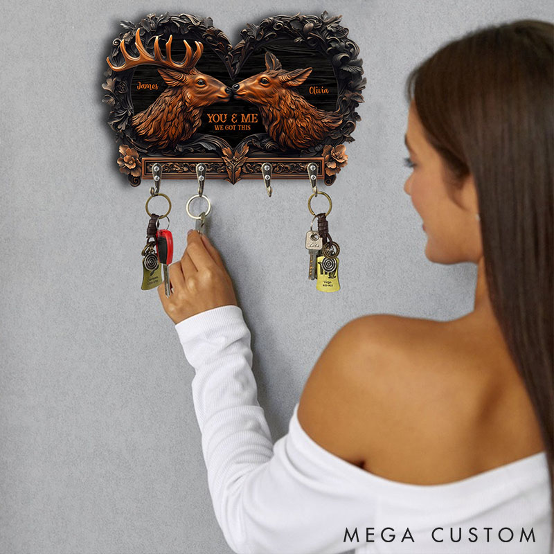 Personalized Deer Couple You and Me We Got This Wooden Key Holder Custom Shaped Graphic 3D Printed Key Hanger Anniversary Valentine's Day Gift