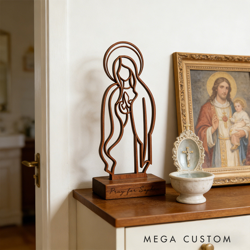 Personalized Inspirational Virgin Mary Art Wooden Plaque with Engraved Text Desktop Decor Birthday Religious Baptism Gift for Christian Family