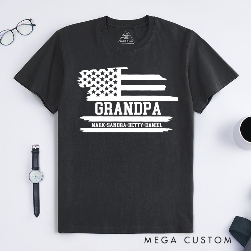 Personalized Grandpa Flag T-Shirt with Grandkids Names Gift for Grandfather Father's Day Birthday Comfortable Cotton Shirt for Men