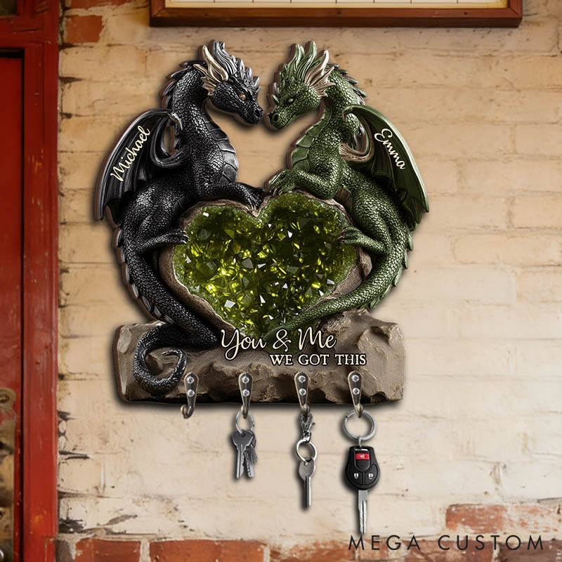 Personalized Retro Dragon Couple You and Me We Got This Wooden Key Holder Custom Shaped Graphic 3D Printed Key Hanger Anniversary Valentine's Day Gift